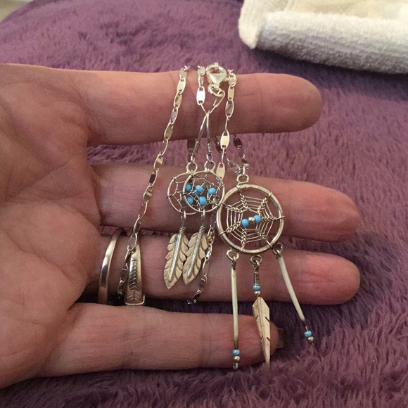 Vintage 925/Sterling Silver & Turquoise & Bone Necklace & Earring Set - Picture 13 of 15